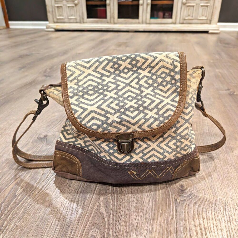 Myra Bag Cranky Upcycled Canvas Leather Crossbody Shoulder Bag Boho Geometric